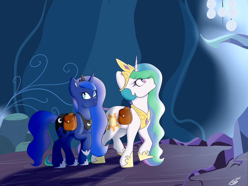 Size: 1024x768 | Tagged: safe, artist:mapleiciousmlp, derpibooru import, princess celestia, princess luna, alicorn, pony, female, mare, royal sisters, saddle bag