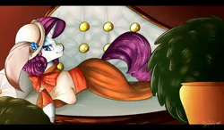 Size: 3300x1928 | Tagged: safe, artist:mapleiciousmlp, derpibooru import, rarity, pony, unicorn, fainting couch, female, hat, mare, potted plant, solo