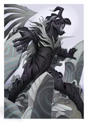 Size: 852x1200 | Tagged: anthro, artist:loupgarou, crooked horn, derpibooru import, fangs, hand, male, ponehenge, pony of shadows, safe, solo, strategically covered, unguligrade anthro, wings