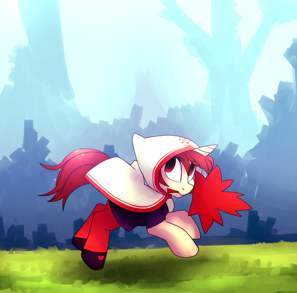 Size: 1184x1170 | Tagged: safe, artist:tallaferroxiv, deleted from derpibooru, derpibooru import, pony, unicorn, cloak, clothes, dress, female, forest, grass, hood, kaho, leaf, maple leaf, mare, momodora, momodora: reverie under the moonlight, mouth hold, newbie artist training grounds, priestess, shoes, stockings, thigh highs