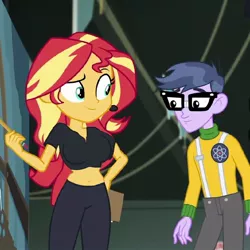 Size: 800x800 | Tagged: suggestive, derpibooru import, edit, edited edit, edited screencap, screencap, microchips, sunset shimmer, all the world's off stage, equestria girls, equestria girls series, all the world's off stage: micro chips, big breasts, breast edit, breasts, busty sunset shimmer, female, male, midriff