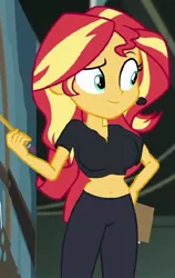 Size: 450x713 | Tagged: suggestive, derpibooru import, edit, edited screencap, screencap, sunset shimmer, all the world's off stage, equestria girls, equestria girls series, all the world's off stage: micro chips, belly button, big breasts, breast edit, breasts, cropped, female, midriff, solo