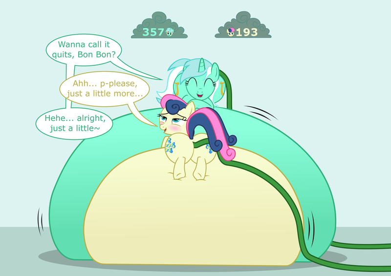 Size: 8487x6000 | Tagged: questionable, artist:ithinkitsdivine, derpibooru import, part of a set, bon bon, lyra heartstrings, sweetie drops, earth pony, pony, unicorn, absurd resolution, anal insertion, belly, belly bed, blushing, cloud, dialogue, duo, duo female, enema, female, fetish, hose, impossibly large belly, inflation, insertion, interactive, note expansion, plot, rear view, squishy, water inflation