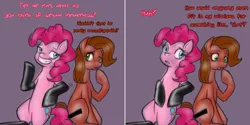 Size: 1504x750 | Tagged: safe, artist:jitterbugjive, derpibooru import, pinkie pie, oc, oc:pun, earth pony, pony, ask pun, ask, clothes, female, kinkie pie, latex, latex socks, mare, socks