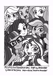 Size: 724x1028 | Tagged: safe, artist:shinda mane, artist:union of the snake, artist:uotsda, derpibooru import, applejack, fluttershy, pinkie pie, rainbow dash, rarity, sci-twi, sunset shimmer, twilight sparkle, equestria girls, equestria girls series, forgotten friendship, clothes, geode of empathy, geode of sugar bombs, geode of telekinesis, glasses, grayscale, humane five, humane seven, humane six, looking at you, monochrome, ponytail, smiling, swimsuit