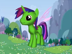 Size: 2000x1500 | Tagged: 3d, 3d pony creator, changedling, changeling, changepony, derpibooru import, hybrid, hybrid wings, interspecies offspring, mountain, oc, oc:viridi lux, offspring, parents:twirax, parent:thorax, parent:twilight sparkle, safe, tree, unofficial characters only