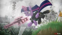 Size: 3840x2160 | Tagged: safe, artist:brutalweather studio, derpibooru import, twilight sparkle, twilight sparkle (alicorn), alicorn, pony, angry, badass, chernobyl nuclear power plant, crossover, female, glowing horn, gun, magic, mare, radiation symbol, rain, rifle, s.t.a.l.k.e.r., shadow of chernobyl, sniper rifle, solo, tattoo, twilight is not amused, unamused, vss vintorez, weapon