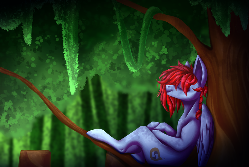 Size: 3500x2350 | Tagged: safe, artist:immagoddampony, derpibooru import, oc, unofficial characters only, pegasus, pony, against tree, art trade, eyes closed, high res, solo, tree