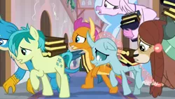 Size: 1366x768 | Tagged: safe, derpibooru import, screencap, gallus, ocellus, sandbar, silverstream, smolder, yona, changedling, changeling, classical hippogriff, dragon, earth pony, gryphon, hippogriff, pony, yak, school daze, book, bow, dragoness, female, hair bow, hall, jewelry, male, monkey swings, necklace, sad, stressed, student six, teenager, tired