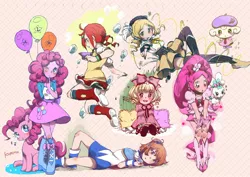 Size: 2048x1449 | Tagged: safe, artist:ku_rimo, artist:kurimo, derpibooru import, pinkie pie, earth pony, human, pony, equestria girls, arle nadja, balloon, boots, clothes, crossover, cure blossom, cute, dress, female, hanasaki tsubomi, heartcatch precure, mami tomoe, pleated skirt, precure, puella magi madoka magica, puyo puyo, ringo ando, shirt, shoes, skirt, skirt lift, socks, tamagotchi, thigh highs, zettai ryouiki