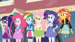 Size: 1366x768 | Tagged: safe, derpibooru import, screencap, fluttershy, pinkie pie, rainbow dash, rarity, sci-twi, sunset shimmer, twilight sparkle, eqg summertime shorts, equestria girls, get the show on the road, animation error, canterlot high, confused, geode of empathy, geode of fauna, geode of shielding, geode of sugar bombs, geode of telekinesis, ponytail, surprised