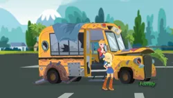 Size: 1366x768 | Tagged: safe, derpibooru import, screencap, applejack, big macintosh, eqg summertime shorts, equestria girls, get the show on the road, broken, bus, the rainbooms tour bus, tree branch, what could possibly go wrong