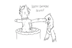 Size: 3000x2000 | Tagged: suggestive, artist:theandymac, derpibooru import, oc, oc:argyle, oc:zuthal, unofficial characters only, gryphon, monster pony, original species, tatzlpony, birthday, birthday cake, cake, collar, explicit source, food, foodplay, happy birthday, kitchen eyes, open beak, pop out cake, this will end in vore