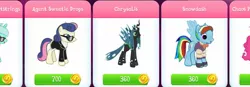 Size: 1629x566 | Tagged: safe, derpibooru import, bon bon, lyra heartstrings, pinkie pie, queen chrysalis, rainbow dash, snowdash, sweetie drops, changeling, changeling queen, earth pony, pegasus, pony, clothes, female, gameloft, mare, secret agent sweetie drops, suit, sunglasses