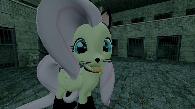 Size: 1920x1080 | Tagged: safe, artist:thefnafbrony, derpibooru import, fluttershy, pegasus, pony, 3d, cute, dark, dungeon, fluttercat, kitty suit, looking at you, paws, pet play, solo, source filmmaker, tongue out, whiskers