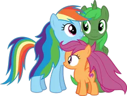 Size: 8450x6400 | Tagged: safe, artist:parclytaxel, derpibooru import, rainbow dash, scootaloo, oc, oc:green thunder, alicorn, pegasus, pony, .svg available, absurd resolution, alicorn oc, canon x oc, commission, female, filly, greendash, long mane, male, mare, never doubt blaa6 involvement, nuzzling, simple background, stallion, transparent background, vector