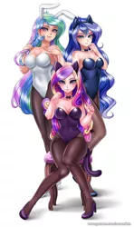 Size: 900x1517 | Tagged: adorasexy, alicorn triarchy, artist:racoonsan, breasts, bunny ears, bunnylestia, bunny suit, busty princess celestia, busty princess luna, cat ears, cat tail, cleavage, clothes, cute, cutelestia, dean cadance, derpibooru import, eyeshadow, female, high heels, human, humanized, leotard, looking at you, lunabetes, makeup, nail polish, nekomimi, pantyhose, praise the moon, praise the sun, princess cadance, princess celestia, princess luna, principal celestia, royal sisters, sexy, shoes, simple background, smiling, suggestive, trio, vice principal luna, white background
