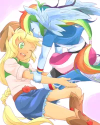 Size: 1025x1279 | Tagged: safe, artist:ku_rimo, artist:kurimo, derpibooru import, applejack, rainbow dash, equestria girls, appledash, boots, clothes, compression shorts, cowboy hat, denim skirt, female, hat, lesbian, one eye closed, ponied up, shipping, shoes, shorts, simple background, skirt, stetson, wink