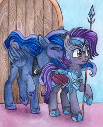 Size: 679x841 | Tagged: safe, artist:red-watercolor, derpibooru import, princess luna, oc, oc:dawn sentry, alicorn, bat pony, armor, bat wings, blushing, clothes, door, female, horn, lesbian, mare, nuzzling, slippers, spear, watercolor painting, weapon, wings