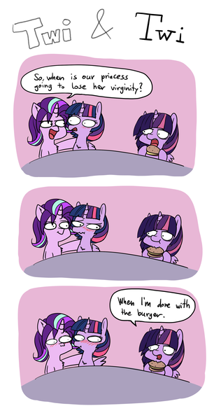 Size: 2000x3800 | Tagged: safe, artist:duop-qoub, derpibooru import, starlight glimmer, twilight sparkle, twilight sparkle (alicorn), alicorn, pony, unicorn, descended twilight, :t, bags under eyes, blushing, burger, comic, dialogue, eating, female, food, future future twilight, hoof hold, implied selfcest, looking at each other, mare, multeity, side hug, speech bubble, spread wings, text, twilight burgkle, wings