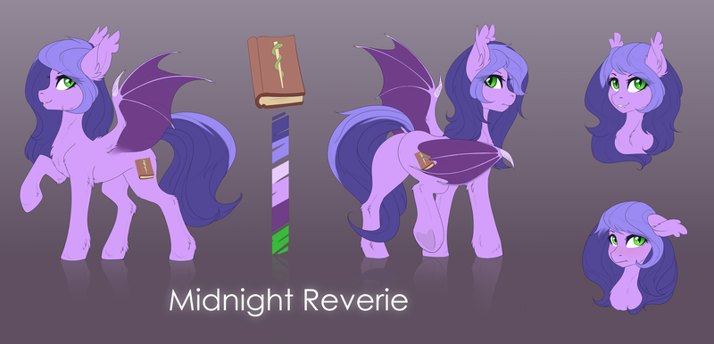 Size: 5046x2434 | Tagged: safe, artist:nightskrill, derpibooru import, oc, oc:midnight reverie, bat pony, bat pony oc, floppy ears, green eyes, one hoof raised, reference sheet, smiling