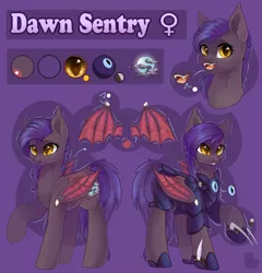 Size: 4568x4752 | Tagged: safe, artist:alphadesu, derpibooru import, oc, oc:dawn sentry, unofficial characters only, bat pony, pony, absurd resolution, armor, bat pony oc, bat wings, claws, cutie mark, female, hoof blades, hoof shoes, mare, metal claws, raised hoof, reference sheet, weapon