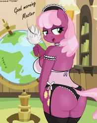 Size: 4398x5615 | Tagged: suggestive, artist:an-tonio, artist:tolpain, derpibooru import, cheerilee, anthro, earth pony, absurd resolution, ass, bedroom eyes, blushing, breasts, busty cheerilee, clothes, collaboration, dialogue, duster, female, flowerbutt, globe, maid, master, nightgown, open mouth, panties, sexy, solo, solo female, stupid sexy cheerilee, teacher, underwear
