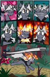 Size: 3500x5406 | Tagged: artist:virmir, cape, clothes, comic, comic:nature walk, derpibooru import, fire, forest, high res, leaves, oc, oc:virmare, oc:virmir, safe, screaming, solo, species swap, unofficial characters only