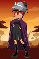 Size: 471x720 | Tagged: safe, artist:spike fancy, derpibooru import, a.k. yearling, daring do, equestria girls, boots, clothes, dress, dressup, female, game, glasses, hat, lipstick, shoes