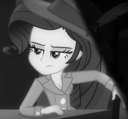 Size: 665x617 | Tagged: safe, derpibooru import, screencap, rarity, equestria girls, equestria girls series, rarity investigates: the case of the bedazzled boot, cropped, detective rarity, monochrome, noir, rarity investigates (eqg): pinkie pie, reaction image, solo