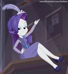 Size: 746x812 | Tagged: safe, artist:charliexe, derpibooru import, rarity, equestria girls, equestria girls series, rarity investigates: the case of the bedazzled boot, clothes, dress, feather, female, hat, high heels, legs, pillbox hat, shoes, sitting, smiling, solo