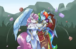 Size: 3300x2158 | Tagged: safe, artist:ambris, derpibooru import, rainbow dash, sweetie belle, anthro, pegasus, unicorn, alternate universe, angry mob, apple, armor, belt, bodyguard, breasts, broken bottle, busty sweetie belle, cleavage, clothes, commission, duo, female, food, lesbian, older, older sweetie belle, protecting, shield, shipping, sweetiedash, sword, weapon, youtube link