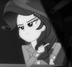 Size: 688x640 | Tagged: safe, derpibooru import, screencap, rarity, equestria girls, equestria girls series, rarity investigates: the case of the bedazzled boot, check em, cropped, detective rarity, monochrome, noir, rarity investigates (eqg): pinkie pie, reaction image, solo