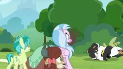 Size: 1280x720 | Tagged: safe, derpibooru import, screencap, sandbar, silverstream, yona, bear, bugbear, classical hippogriff, earth pony, hippogriff, pony, yak, a matter of principals, crawling, male, teenager