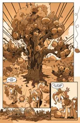 Size: 710x1091 | Tagged: safe, artist:pencils, derpibooru import, idw, applejack, pinkie pie, earth pony, pony, spoiler:comic, spoiler:comic69, apple, apple tree, comic, female, food, giant apple, mare, official comic, preview, sepia, speech bubble, tree, xk-class end-of-the-world scenario