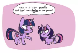 Size: 1348x922 | Tagged: safe, artist:bloodatius, derpibooru import, twilight sparkle, twilight sparkle (alicorn), alicorn, pony, descended twilight, :<, angry, bags under eyes, female, future future twilight, looking at each other, mare, multeity, raised hoof, size difference, speech bubble, style emulation, text