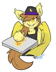 Size: 2550x3300 | Tagged: safe, artist:bbsartboutique, derpibooru import, oc, oc:stuffed crust, unofficial characters only, bat pony, bronycon, apron, clothes, ear fluff, fangs, food, hat, pizza, simple background, smiling, solo, tail, transparent background