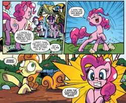 Size: 921x752 | Tagged: safe, artist:pencils, derpibooru import, idw, carrot top, golden harvest, pinkie pie, rainbow dash, rarity, twilight sparkle, twilight sparkle (alicorn), vinyl scratch, alicorn, earth pony, pegasus, pony, unicorn, spoiler:comic, spoiler:comic69, be careful what you wish for, chocolate, comic, cropped, female, food, mare, official comic, speech bubble, tongue out, trapped, wish