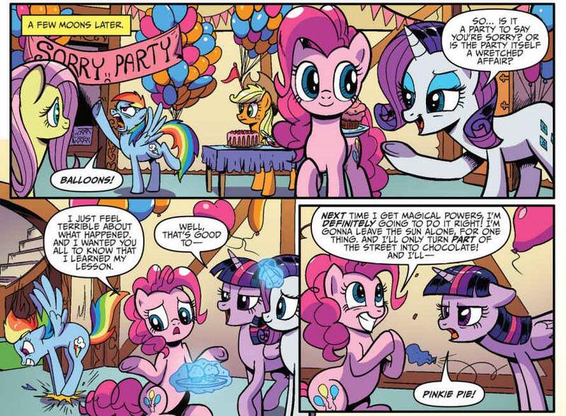 Size: 889x653 | Tagged: safe, artist:pencils, derpibooru import, idw, applejack, fluttershy, pinkie pie, rainbow dash, rarity, twilight sparkle, twilight sparkle (alicorn), alicorn, earth pony, pegasus, pony, unicorn, spoiler:comic, spoiler:comic69, balloon, balloon popping, comic, cropped, female, magic, mane six, mare, official comic, popping, speech bubble, telekinesis, wordplay