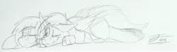 Size: 5000x1487 | Tagged: safe, artist:fleet-wing, derpibooru import, oc, oc:fleet wing, oc:neutrino burst, hippogriff, pegasus, pony, black and white, cuddling, gay, grayscale, lying down, male, monochrome, shipping, sketch, traditional art