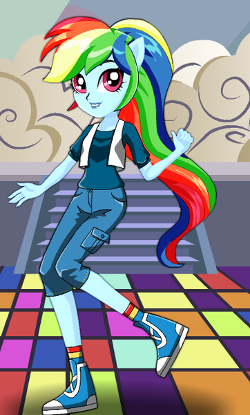 Size: 404x669 | Tagged: safe, artist:spike fancy, derpibooru import, rainbow dash, equestria girls, clothes, dressup, game, jacket, lipstick, looking at you, pants, ponied up, shoes, smiling, sneakers