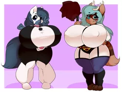 Size: 5250x4000 | Tagged: anthro, anthro oc, artist:kloudmutt, big breasts, breasts, clothes, cosplay, costume, derpibooru import, digitigrade anthro, duo, duo female, erect nipples, female, huge breasts, impossibly large breasts, midnight (my hero academia), midnight's hero costume, my hero academia, nipple outline, oc, oc:blueberry smoothie, ochako uraraka, peace sign, suggestive, unguligrade anthro, uravity's hero costume, wide hips