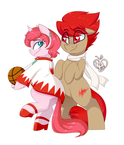 Size: 1280x1493 | Tagged: safe, artist:notenoughapples, derpibooru import, oc, oc:blitz drive, oc:diamond stellar, unofficial characters only, earth pony, pony, unicorn, basketball, bipedal, bump, clothes, commission, drivellar, duo, ear piercing, earring, female, final fantasy, heart, hoodie, jewelry, male, mare, oc x oc, piercing, scarf, shipping, simple background, sports, stallion, straight, transparent background, white mage, wingding eyes