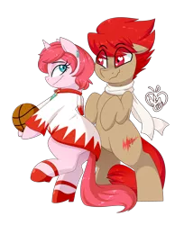 Size: 1280x1493 | Tagged: safe, artist:notenoughapples, derpibooru import, oc, oc:blitz drive, oc:diamond stellar, unofficial characters only, earth pony, pony, unicorn, basketball, bipedal, bump, clothes, commission, drivellar, duo, ear piercing, earring, female, final fantasy, heart, hoodie, jewelry, male, mare, oc x oc, piercing, scarf, shipping, simple background, sports, stallion, straight, transparent background, white mage, wingding eyes