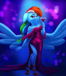 Size: 1732x2000 | Tagged: safe, artist:discorded, derpibooru import, rainbow dash, anthro, unguligrade anthro, alcohol, atg 2018, beverage, clothes, dress, female, glass, lidded eyes, muscles, newbie artist training grounds, off shoulder, rainbow dash always dresses in style, solo, wine