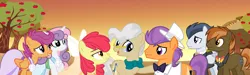 Size: 7832x2344 | Tagged: safe, artist:starfalldawn, derpibooru import, apple bloom, button mash, mayor mare, rumble, scootaloo, sweetie belle, tender taps, pony, apple tree, bride, bridesmaid, bridesmaid dress, bridesmaids, clothes, dress, female, groom, hat, male, marriage, older, shipping, straight, tenderbloom, top hat, tree, tuxedo, twilight (astronomy), wedding, wedding dress, wedding veil