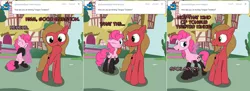 Size: 1804x660 | Tagged: safe, artist:loceri, derpibooru import, pinkie pie, oc, oc:pun, earth pony, pony, ask pun, ask, clothes, female, kinkie pie, latex, latex socks, mare, socks