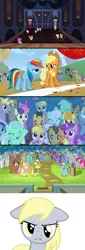 Size: 1280x3765 | Tagged: safe, derpibooru import, edit, edited screencap, screencap, amber waves, amethyst star, apple bloom, berry punch, berryshine, bon bon, bright smile, candy mane, carrot top, castle (crystal pony), cherry berry, cherry cola, cherry fizzy, cloud kicker, coco crusoe, crystal arrow, crystal beau, derpy hooves, doctor whooves, elbow grease, fleur de verre, golden harvest, ivory, ivory rook, lemon hearts, linky, lucky clover, lyra heartstrings, meadow song, minuette, orthros, paradise (crystal pony), pokey pierce, ponet, rainbowshine, rubinstein, sapphire joy, scootaloo, sea swirl, seafoam, shoeshine, sweetie drops, time turner, crystal pony, dog, earth pony, pegasus, pony, unicorn, one bad apple, trade ya, angry, animation error, background pony, background pony audience, clones, crowd, crystallized, female, implied shipping, jealous, male, mare, missing cutie mark, missing horn, multiple heads, ponies sitting next to each other, ponies standing next to each other, stallion, two heads, wingless