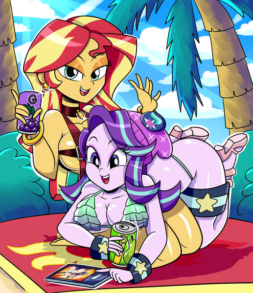 Size: 2326x2700 | Tagged: suggestive, artist:roco340, derpibooru import, starlight glimmer, sunset shimmer, human, equestria girls, beach, beanie, bedroom eyes, big breasts, bikini, breasts, busty starlight glimmer, busty sunset shimmer, cleavage, clothes, female, hat, lesbian, mount lady, mount lady's hero costume, my hero academia, shimmerglimmer, shipping, soda, soda can, swimsuit