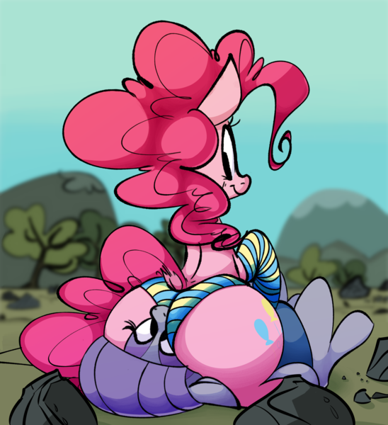 Size: 2097x2297 | Tagged: dead source, questionable, artist:hattsy-nsfw, derpibooru import, maud pie, pinkie pie, earth pony, pony, art pack:family fun, balloonbutt, clothes, dock, facesitting, female, females only, incest, lesbian, looking back, mare, piecest, pinkiemaud, plot, shipping, smiling, socks, striped socks, striped underwear, underwear